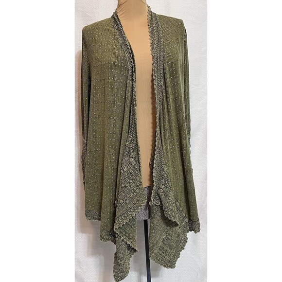 Boho Asymmetrical Handkerchief Hem Embroidered Open Cardigan Knit Green Cottage - Picture 1 of 7